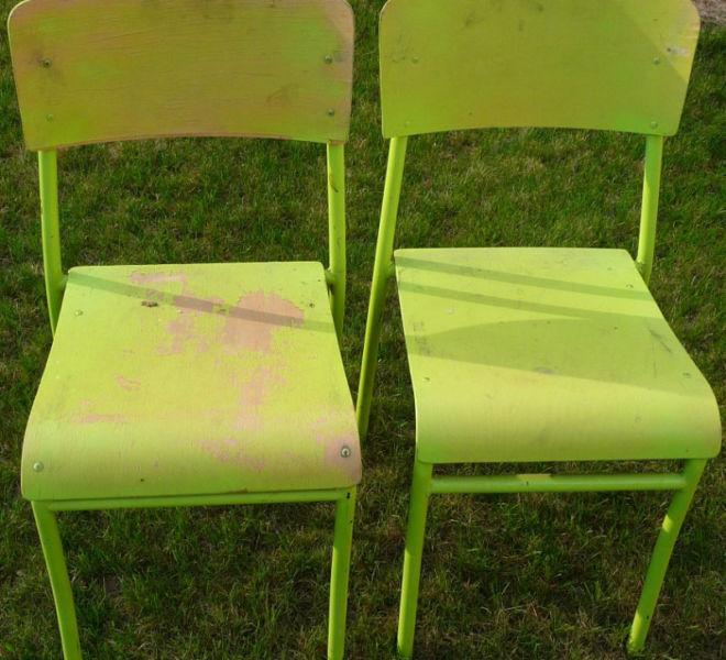 2 chairs, stacking, green, wood & steel, sturdy, both $5