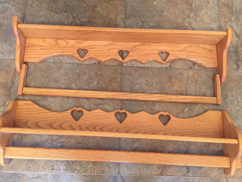 Decorative oak shelved with quilt hanger