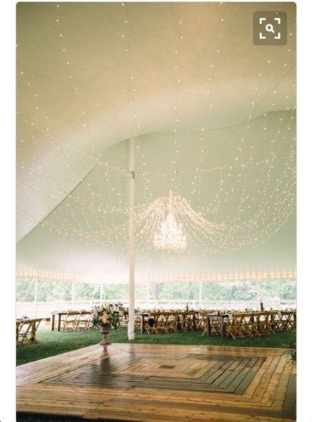 Wedding chandelier and bistro lights