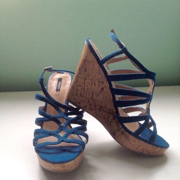 Women's ladies wedges high heel shoes size 8 blue teal suede