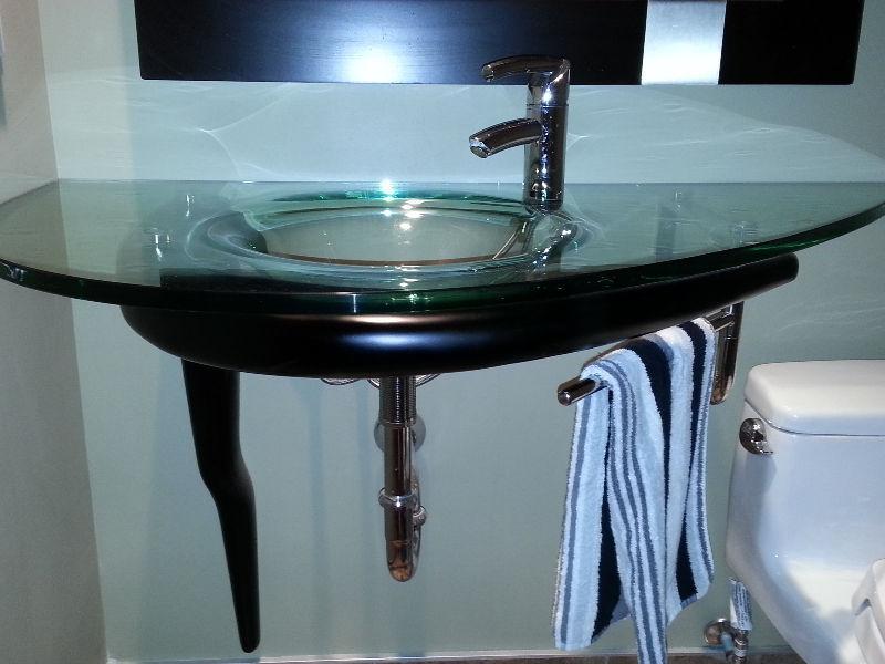 New one piece custom glass sink with combined countertop