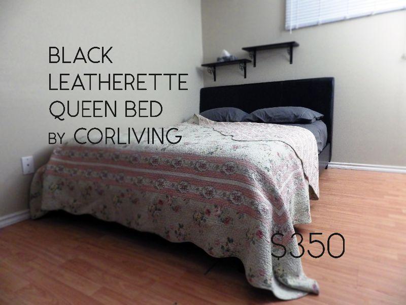 BLACK LEATHERETTE QUEEN BED, by CORLIVING