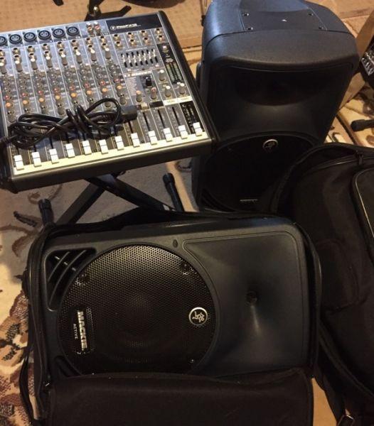 A Pair of Mackie Powered Speakers and ProFX 12 Mixer