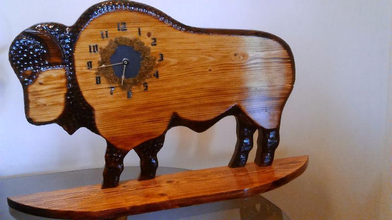 Wooden sculpted Buffalo clock/shelf