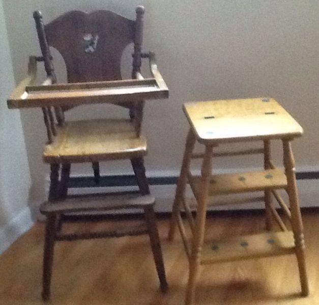 ANTIQUE WOODEN HIGH CHAIR also ANTIQUE STEP STOOL available. AN