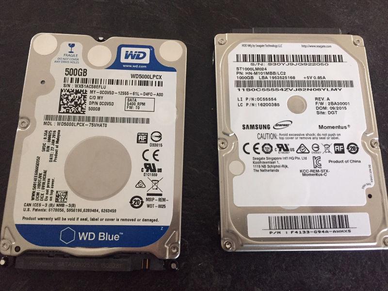 Two Laptop Hard Drives - 500 GB and 1TB