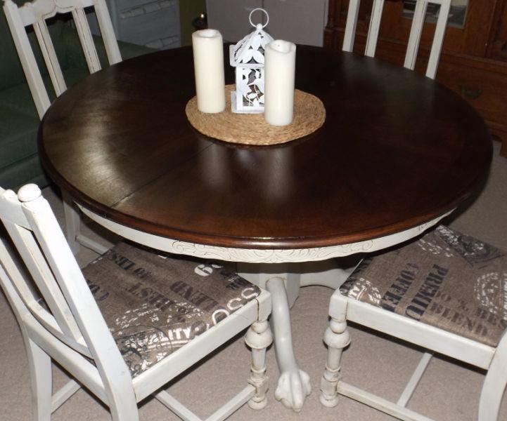 Refinished dark walnut colored table top/ white table and chairs