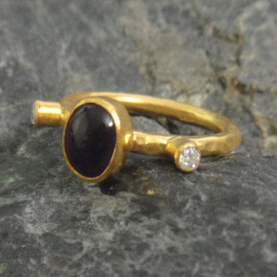 Handmade Hammered Band Amethyst Ring and Topaz Yellow Gold over