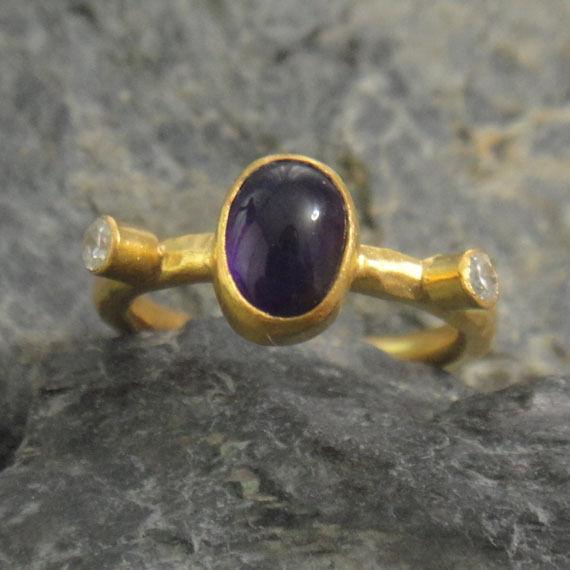 Handmade Hammered Band Amethyst Ring and Topaz Yellow Gold over