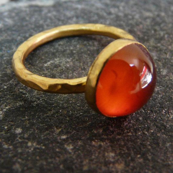 Handmade Hammered Cabochon Carnelian Ring Yellow Gold over 925K