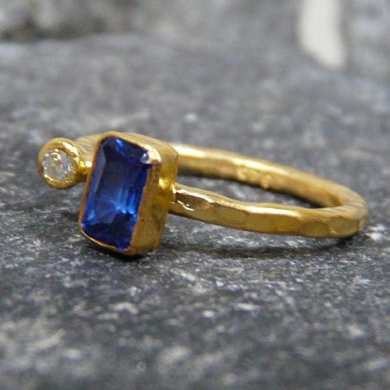 Handmade Hammered Double Topaz Ring Yellow Gold over 925K