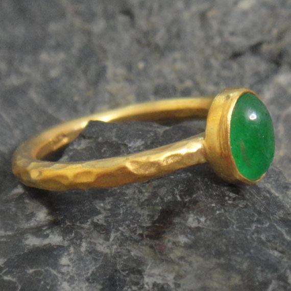 Handmade Hammered Emerald Ring Yellow Gold over .925 Sterling