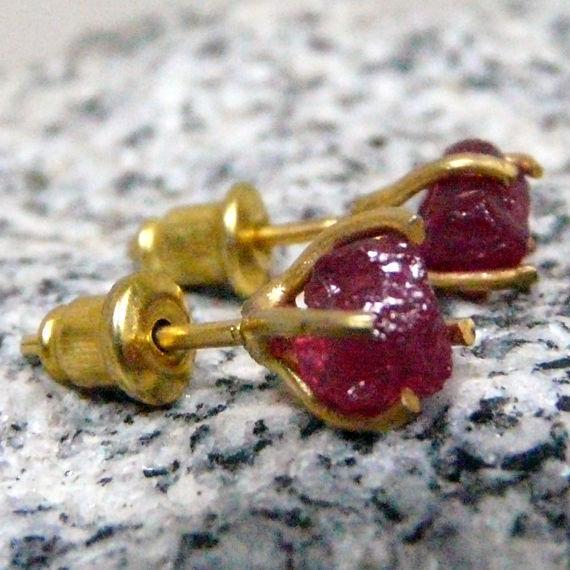 Handmade Hammered Raw Ruby Stud Earrings Yellow Gold over 925K