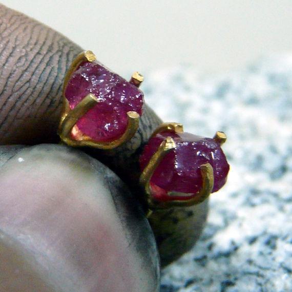 Handmade Hammered Raw Ruby Stud Earrings Yellow Gold over 925K