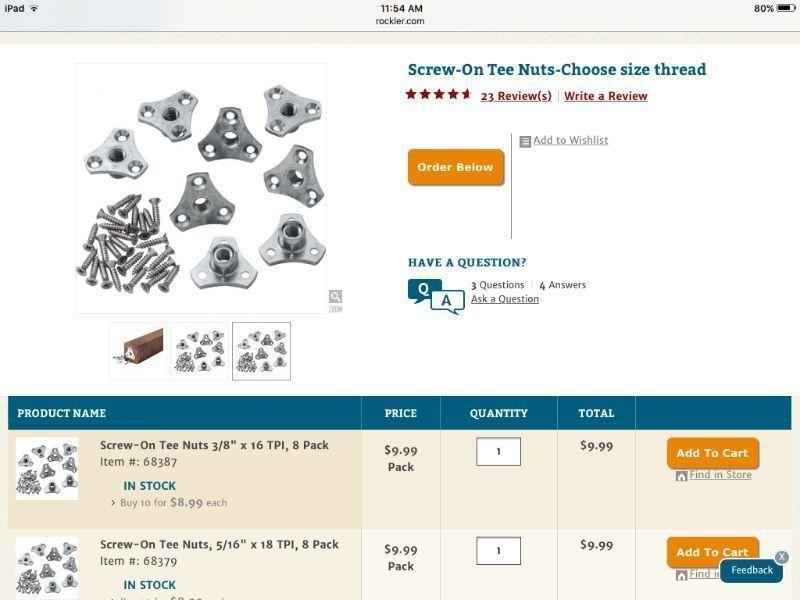 NEW ROCKLER SCREW-ON TEE NUTS 5/16 - 18/8 MODEL NO.68379