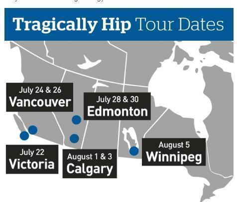 2 tickets to  Tragically Hip Concert - Floor Seats