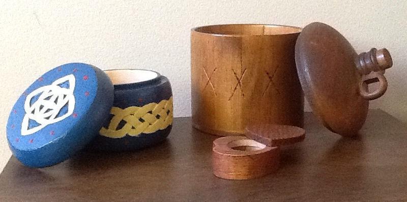 3 WOODEN JARS MADE LOCALLY. Also COLLECTOR TINS. $5-20