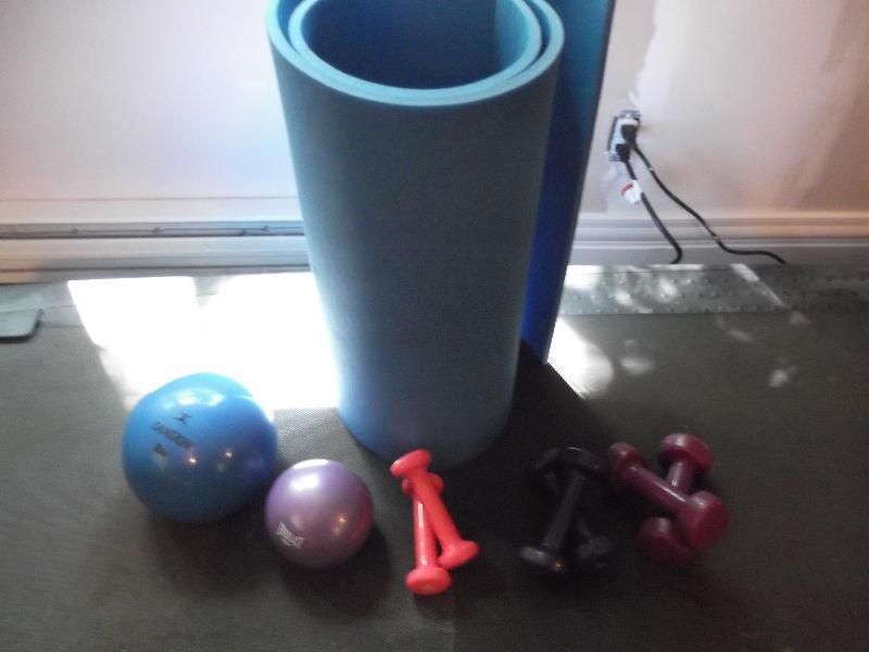Exercise Mat, 3 sets of weights and 2 size exercise balls