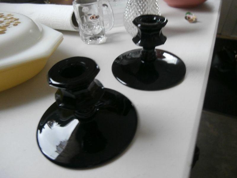 Pair of Vintage Black Glass Candleholders at KeepSakes Antiques