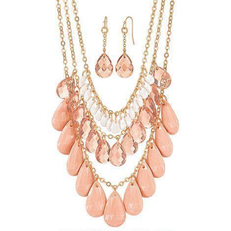 Peach & White on Goldtone Necklace & Earring Set