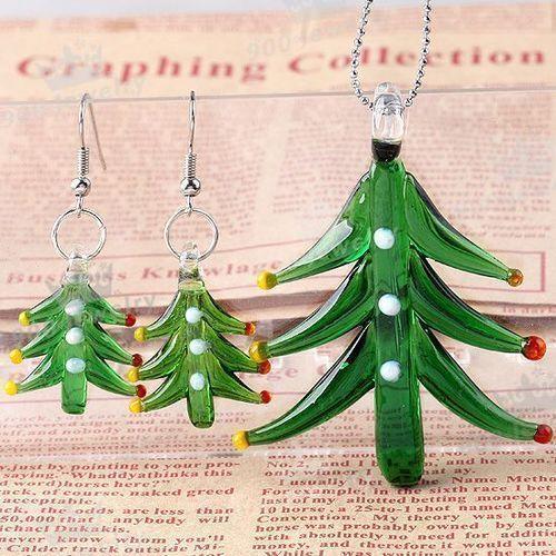 Christmas Pine Trees Murano Lampwork glass Pendant + Earrings