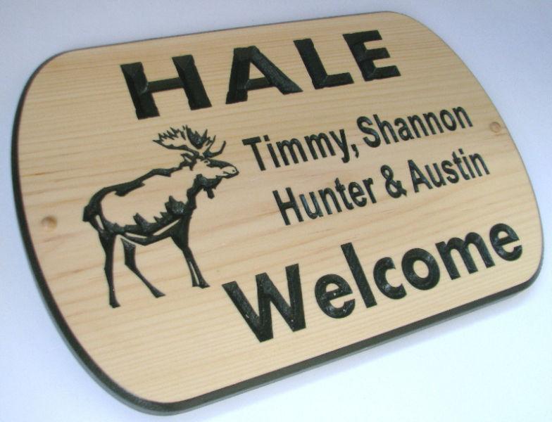 Personalized Pine Welcome Sign with Carved Moose