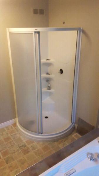 Vanity stand up shower and whirlpool tub