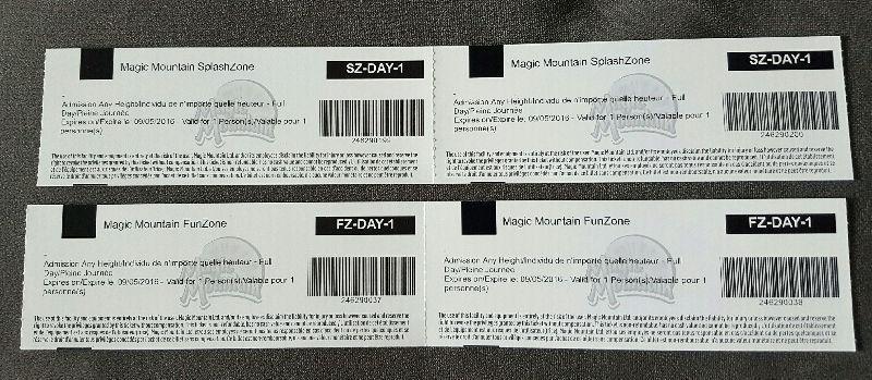 4 Magic Mountain vouchers - 2 splash zone, 2 fun zone