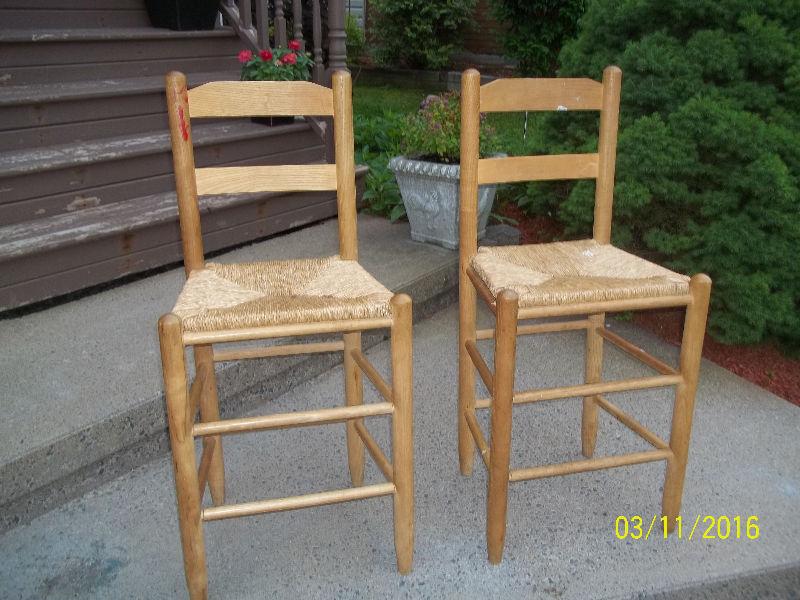 Pair of Primitive Style Bar Stools with Rush Seats