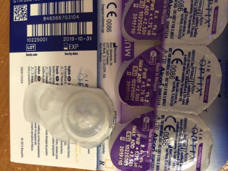 Air Optics contact lenses, 2.50 strength,expire Oct. 31/ 2019