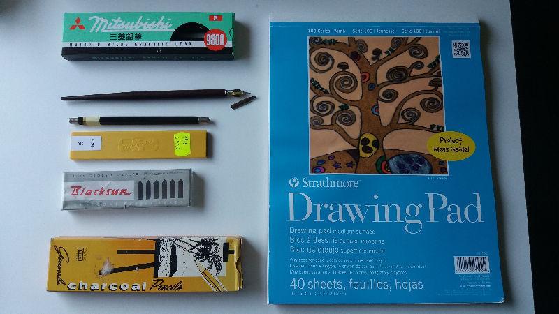 ART SUPPLY- drawing starter kit- book, pens, charcoal pencils