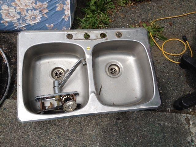 Stainless double sink and faucet