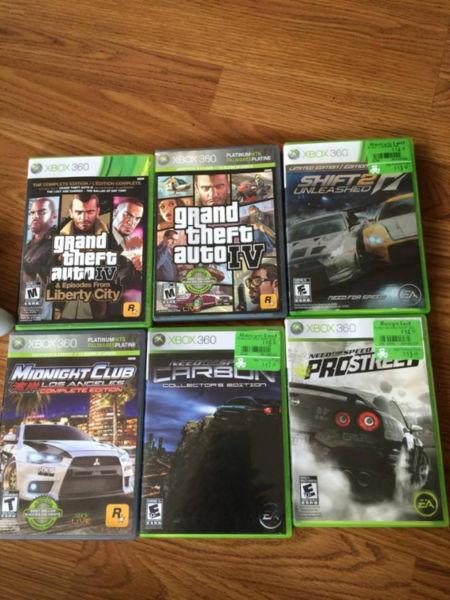Xbox 360, 1 controller, and 6 games
