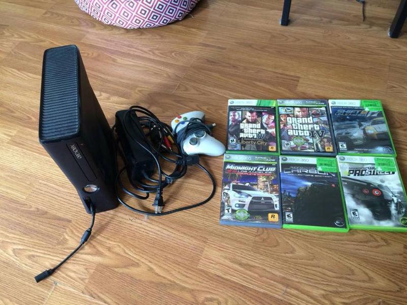 Xbox 360, 1 controller, and 6 games