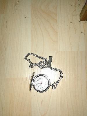 35 year old quartz pocket watch w/gold rim & silver chain & clip