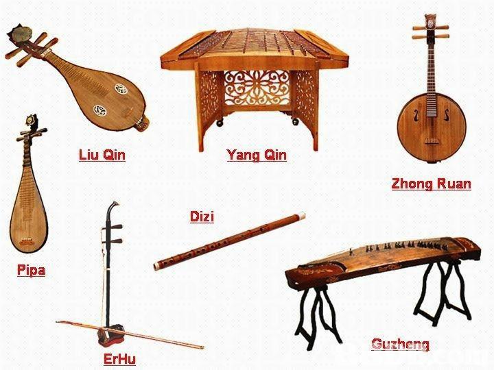 Chinese instruments - guzheng pipa erhu, yangqin guqin dizi