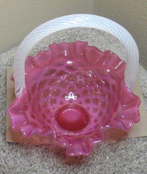 RARE Fenton Cranberry Glass Basket / Opalescent Diamond Lattice