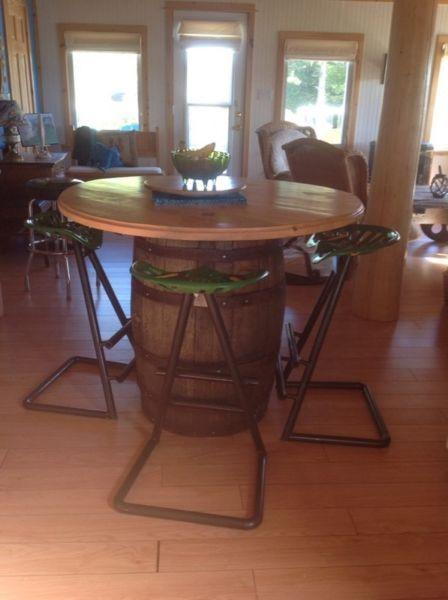 Barrel table and John Deere stools