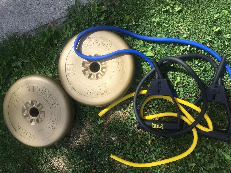 Two ten pound weights & resistance bands