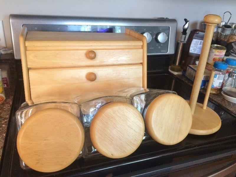 Matching bread box, paper towel holder and 3 piece canister set