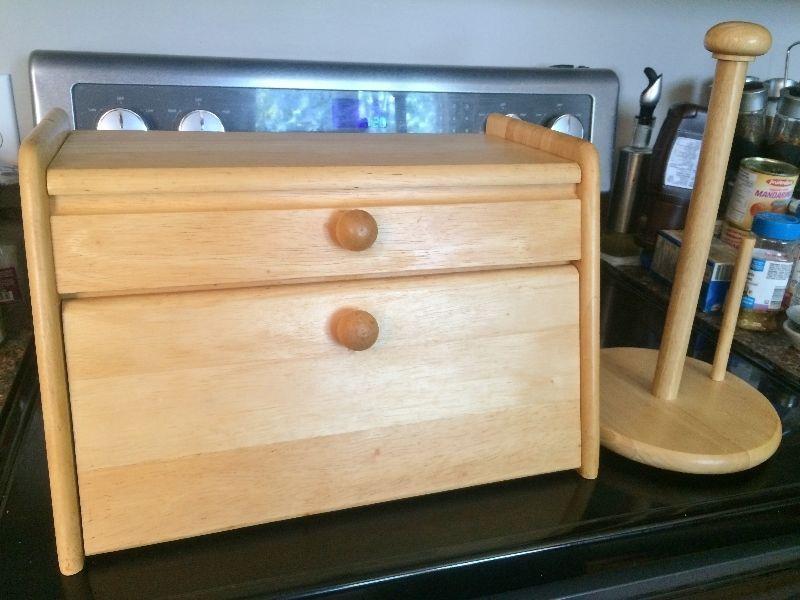 Matching bread box, paper towel holder and 3 piece canister set