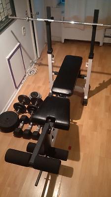 YORK pro exercise bench with Olympic bar and 200lbs+ weights!