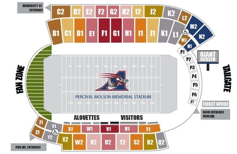 MONTREAL ALOUETTES-55 YARD LINE-SECTION G1 ROW 8-BELOW COST
