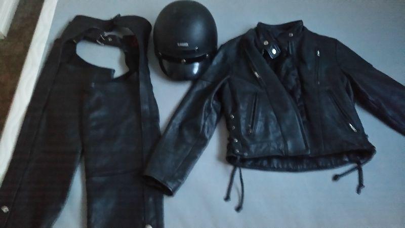 Leather Riding Jacket, chaps and Helmet