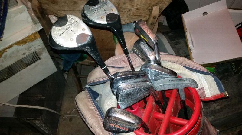 Set of right handed Northwestern clubs, with bag and cart