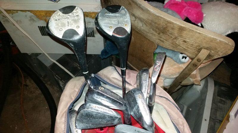 Set of right handed Northwestern clubs, with bag and cart