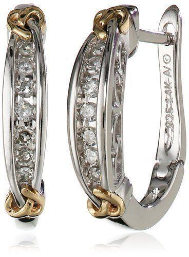 Pair Of New Sterling Silver & 14K Yellow Gold Diamond Earrings 