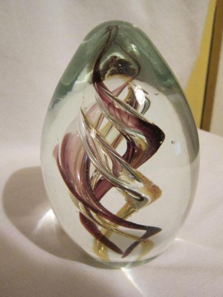 Art Glass Paperweight with Purple & Golden Swirls