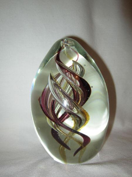 Art Glass Paperweight with Purple & Golden Swirls