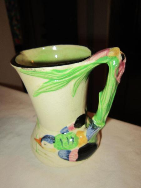 Vintage - Art Pottery Vase - Featuring a Bird & Orchid Handle
